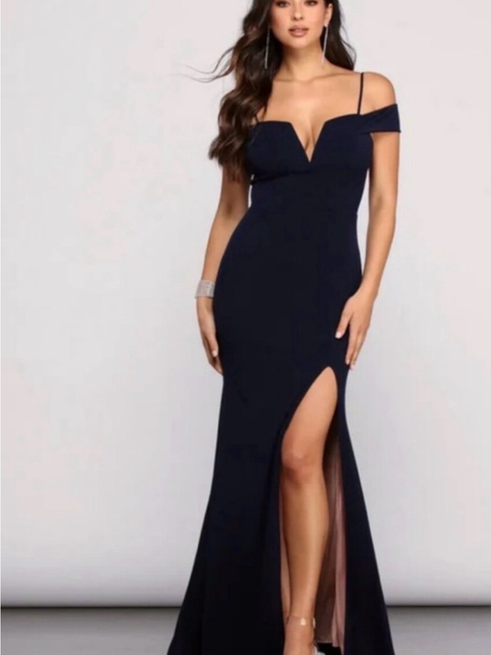 City Studio Navy Off-Shoulder Evening Gown with High Slit